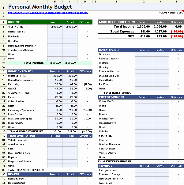 Monthly Bud Spreadsheet for Excel