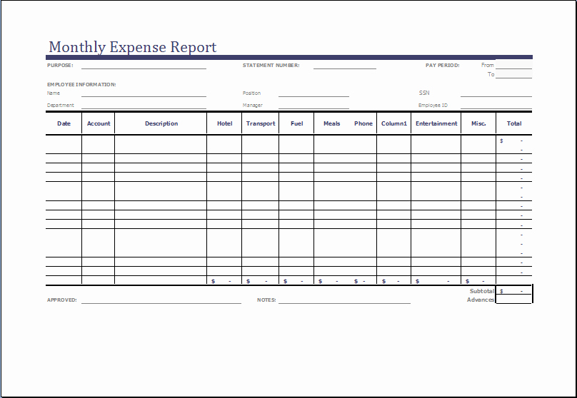 Monthly Expense Report Template Ms Excel