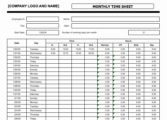 Monthly Time Sheet Template