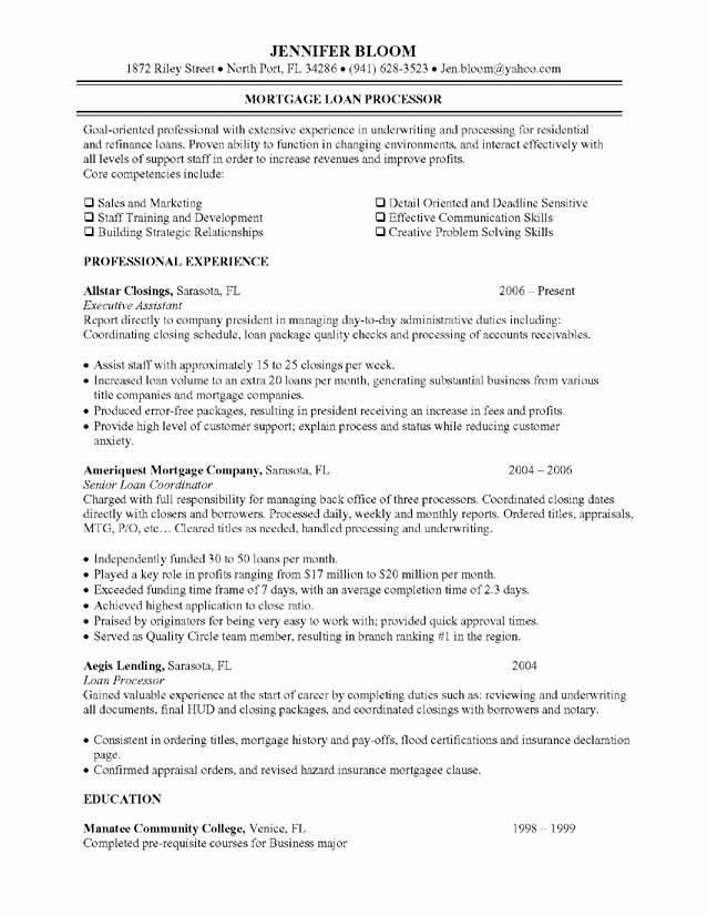 Mortgage Loan Processor Job Description Resume Objective