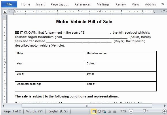 Motor Vehicle Bill Of Sale Template for Word