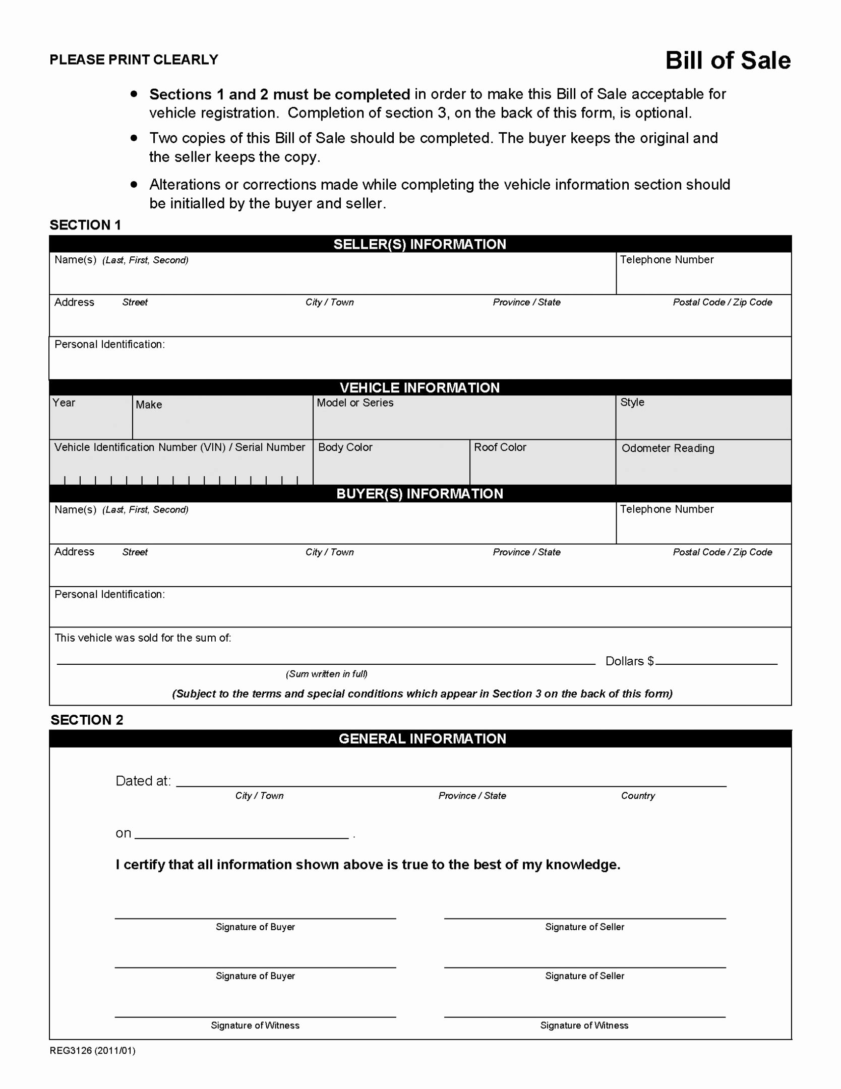 Motor Vehicle Bill Of Sale Template form Printable