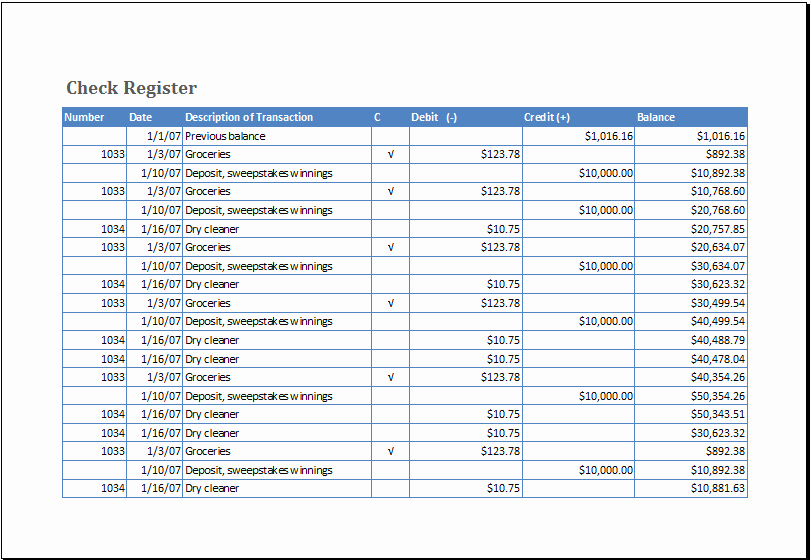 Ms Excel Checkbook Register Template