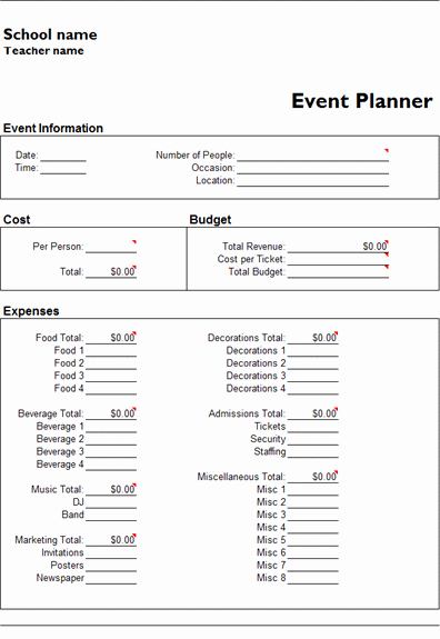 Ms Excel event Planner Template