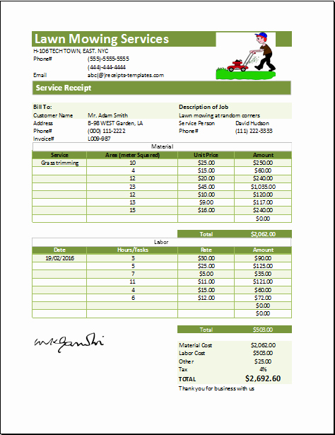 Ms Excel Printable Lawn Mowing Receipt Template