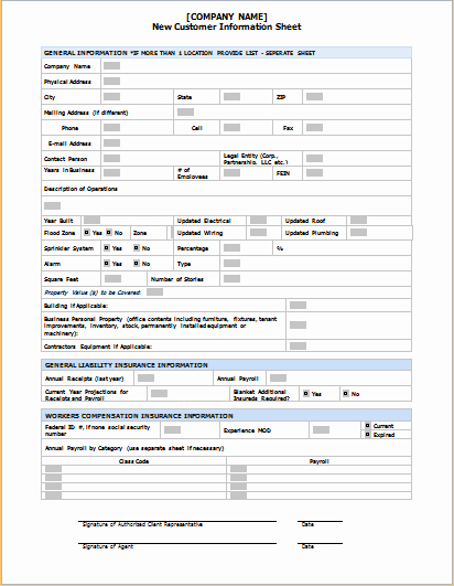 Ms Word Customer Information Sheet Template