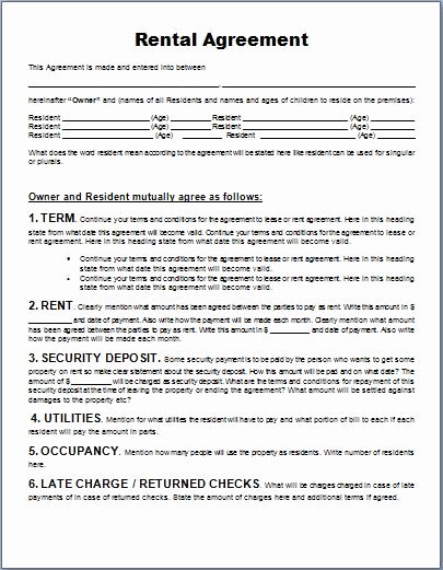 Ms Word Generic Rental Agreement form Template