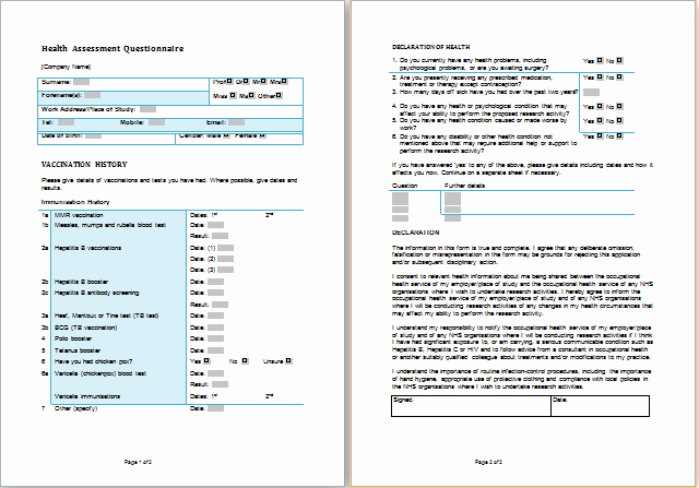 Ms Word Health assessment forms Templates