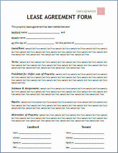 Ms Word Lease Agreement form Template