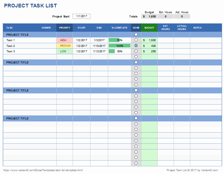 Multiple Project Task List Tracking Template Excel