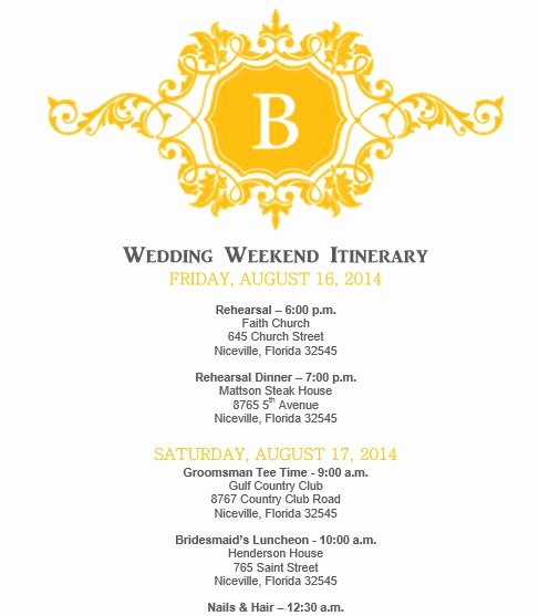 Mustard Yellow Wedding Itinerary Template Download