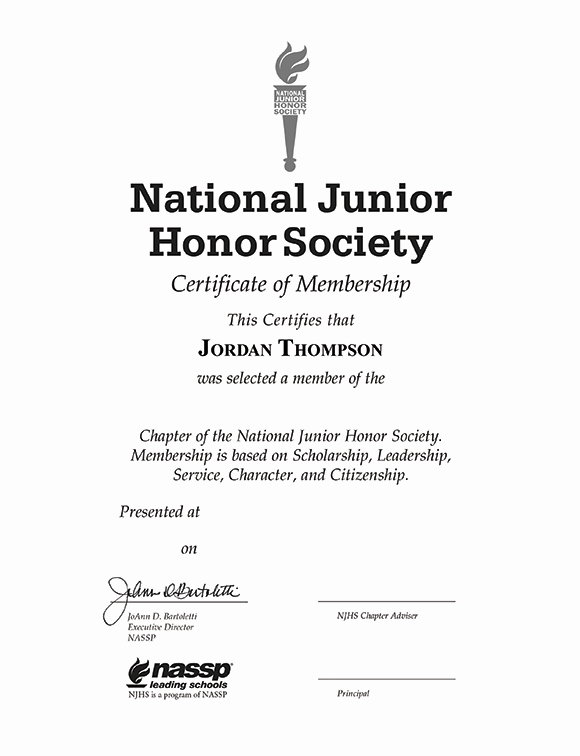 National Junior Honor society Gold Embossed Certificate Latter