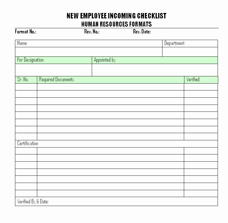 New Employee In Ing Checklist format