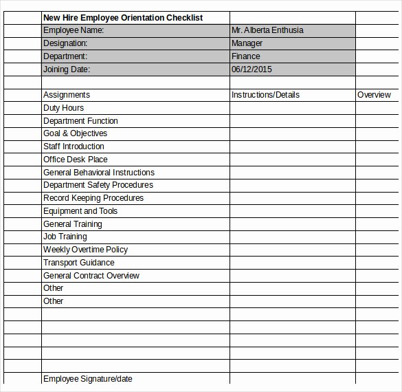 New Employee orientation Checklist Excel