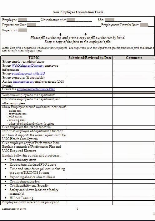 New Employee orientation Checklist form