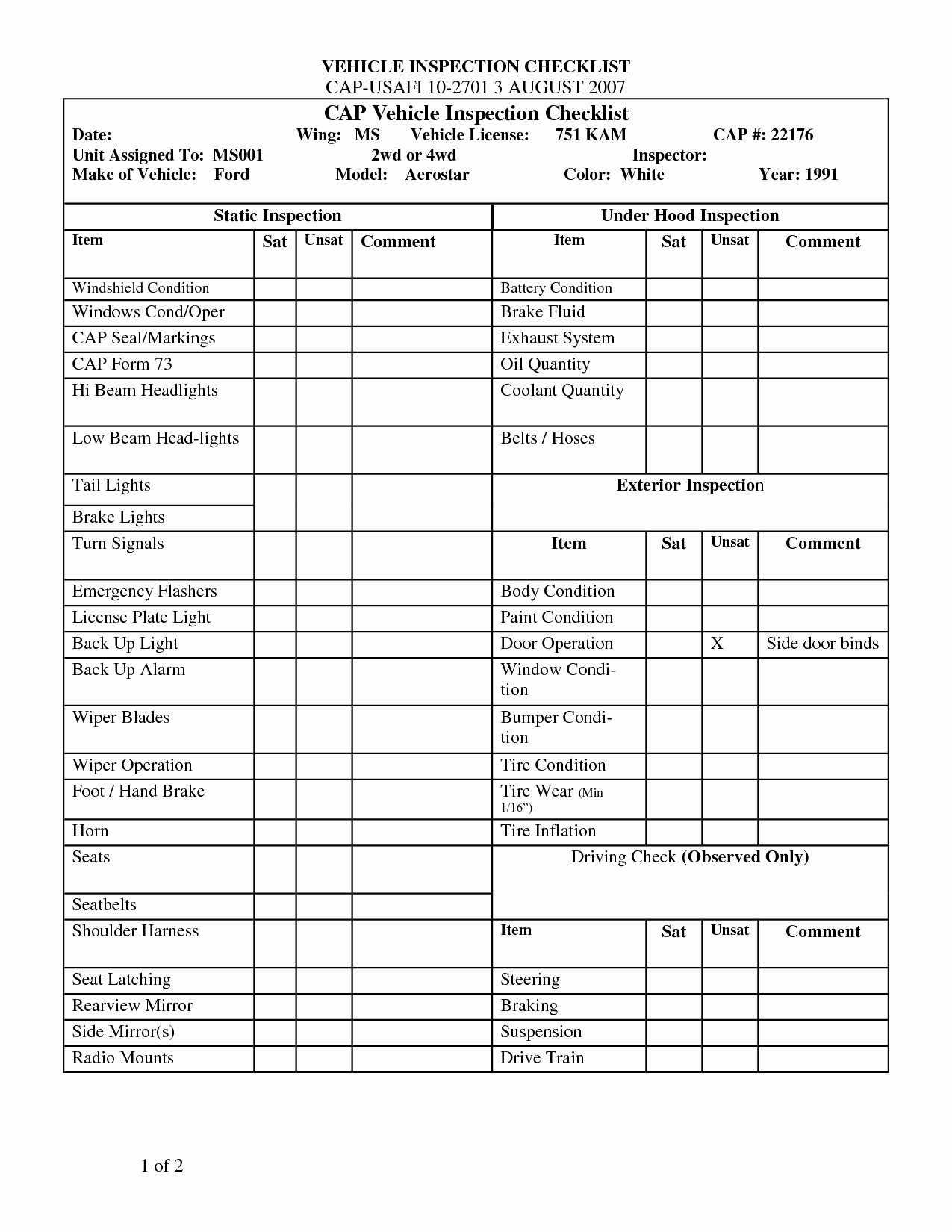 New Free Printable Vehicle Inspection form