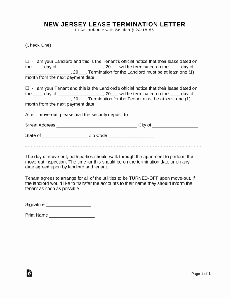 New Jersey Lease Termination Letter form