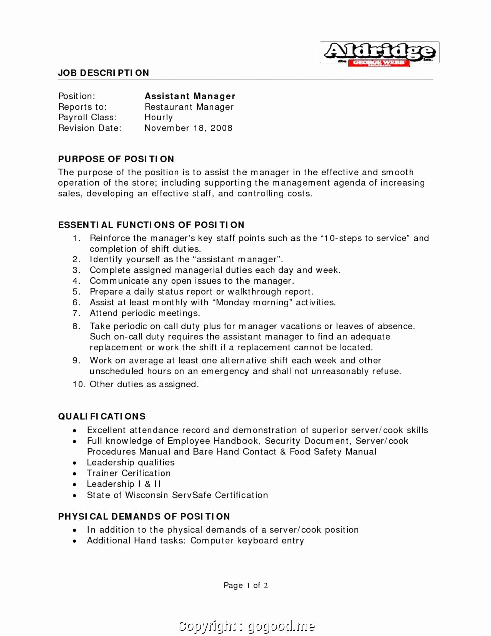 New Restaurant assistant Manager Job Description for