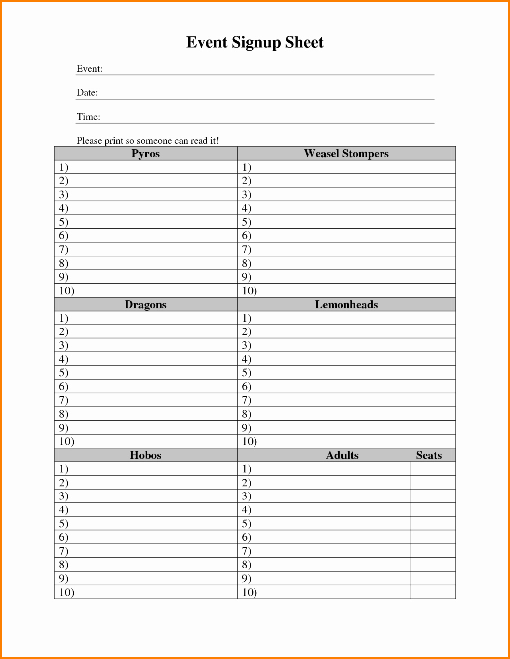 New Visitor Sign Up Sheet Printable Template for events
