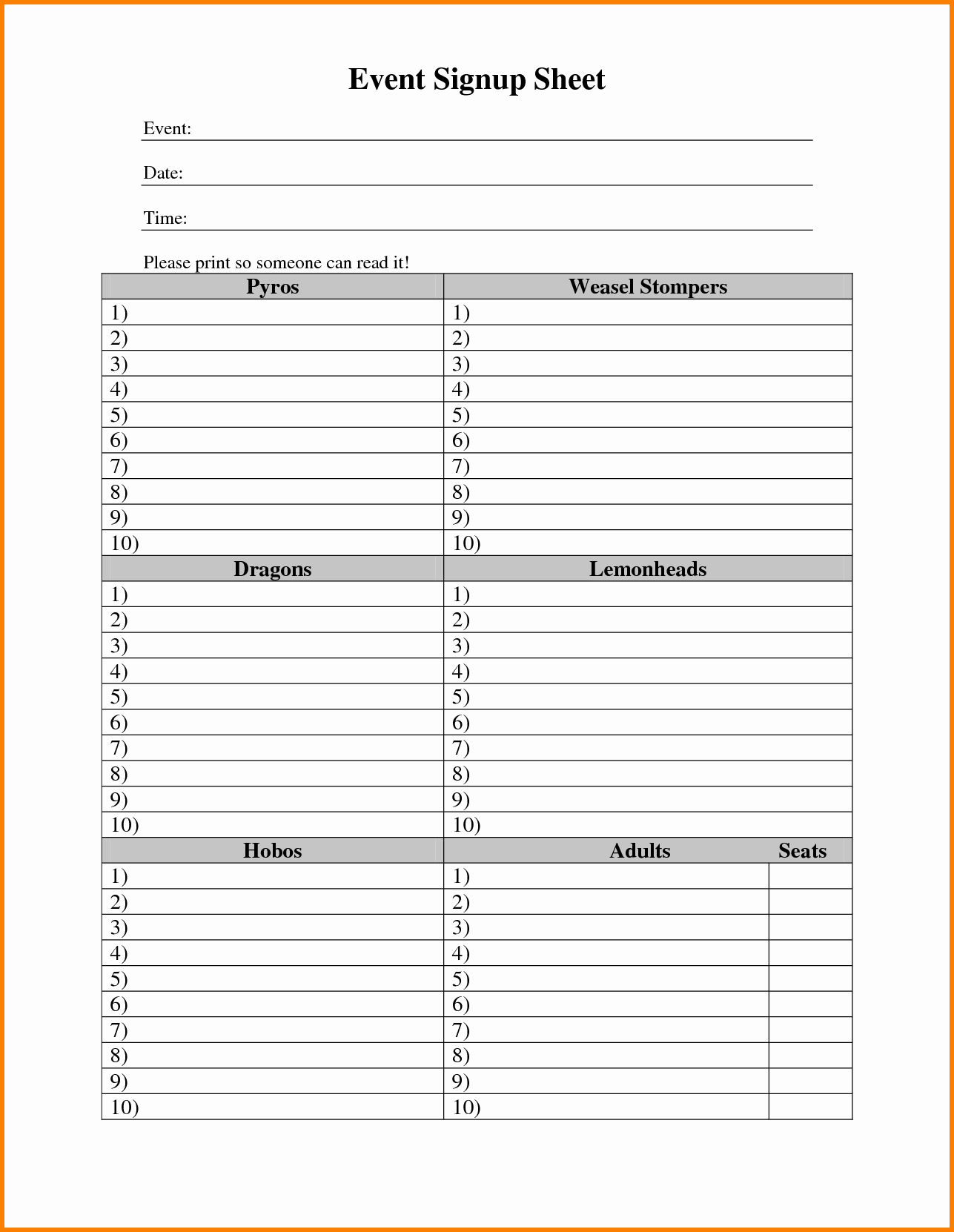 New Visitor Sign Up Sheet Printable Template for events