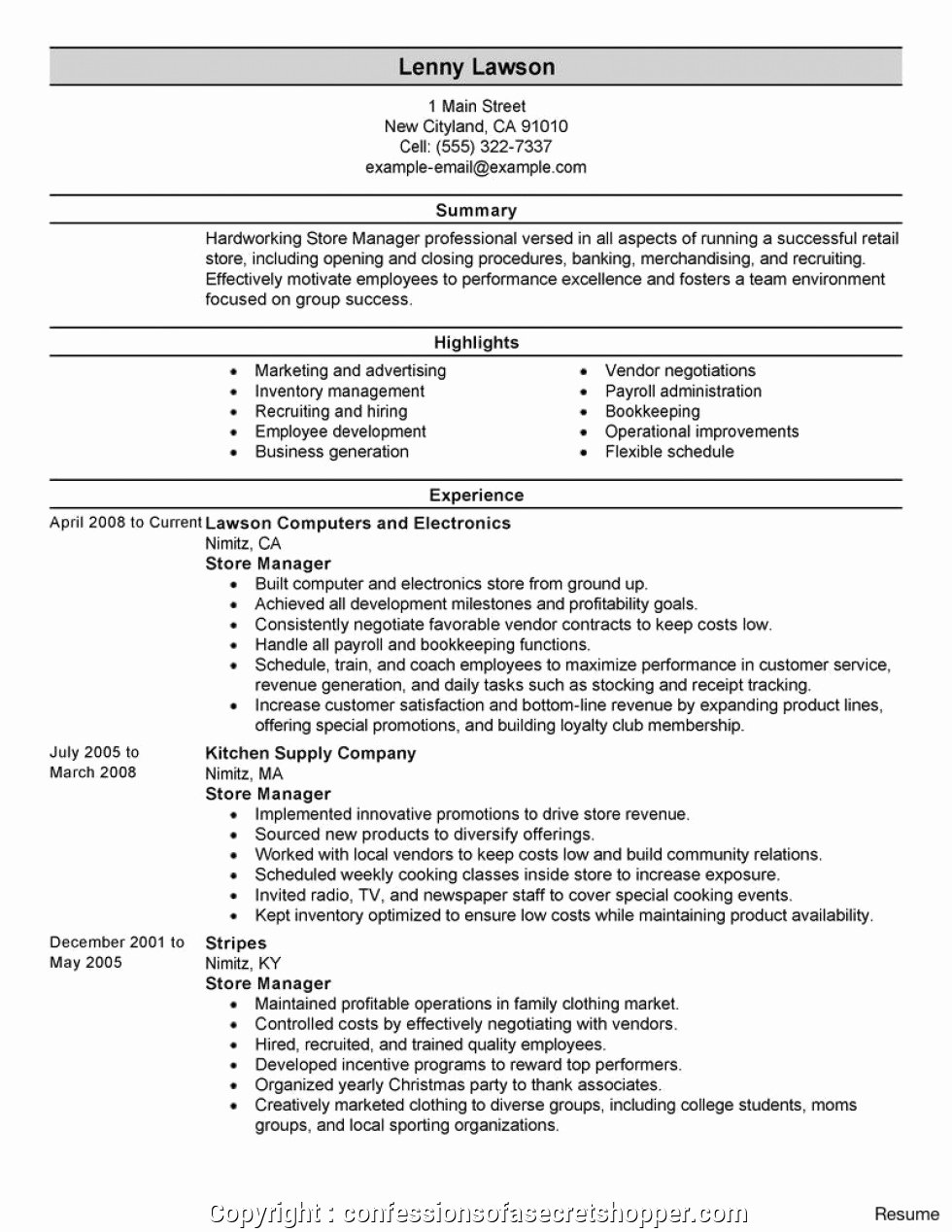 Newest Retail Store Manager Cv Retail Store Manager Resume