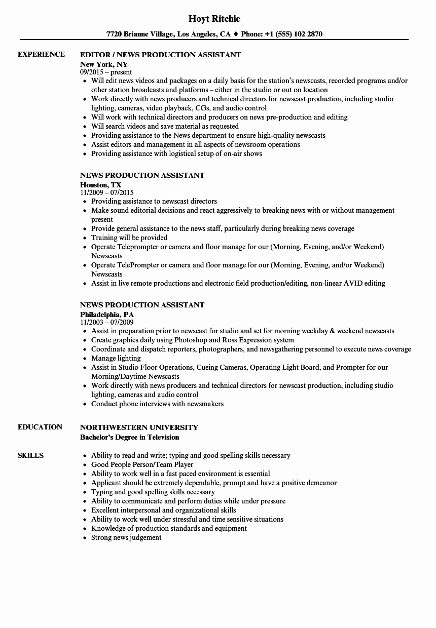 News Production assistant Resume Samples
