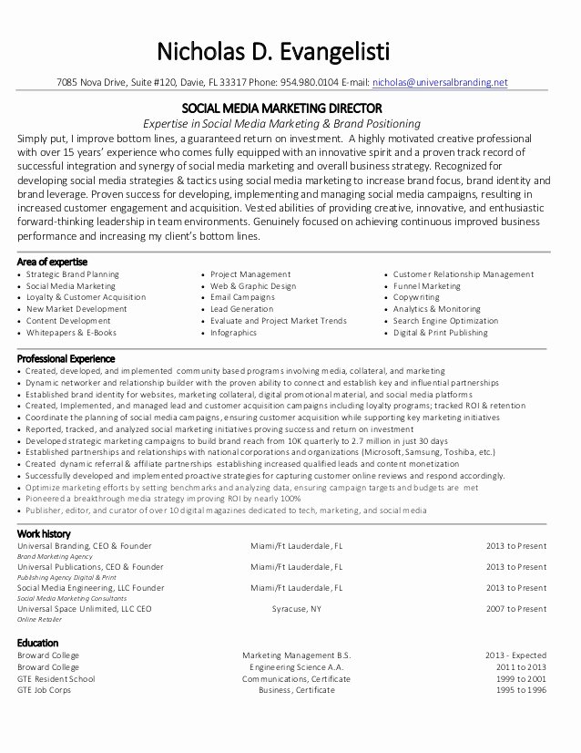 Nicholas Evangelisti social Media Marketing Director Resume