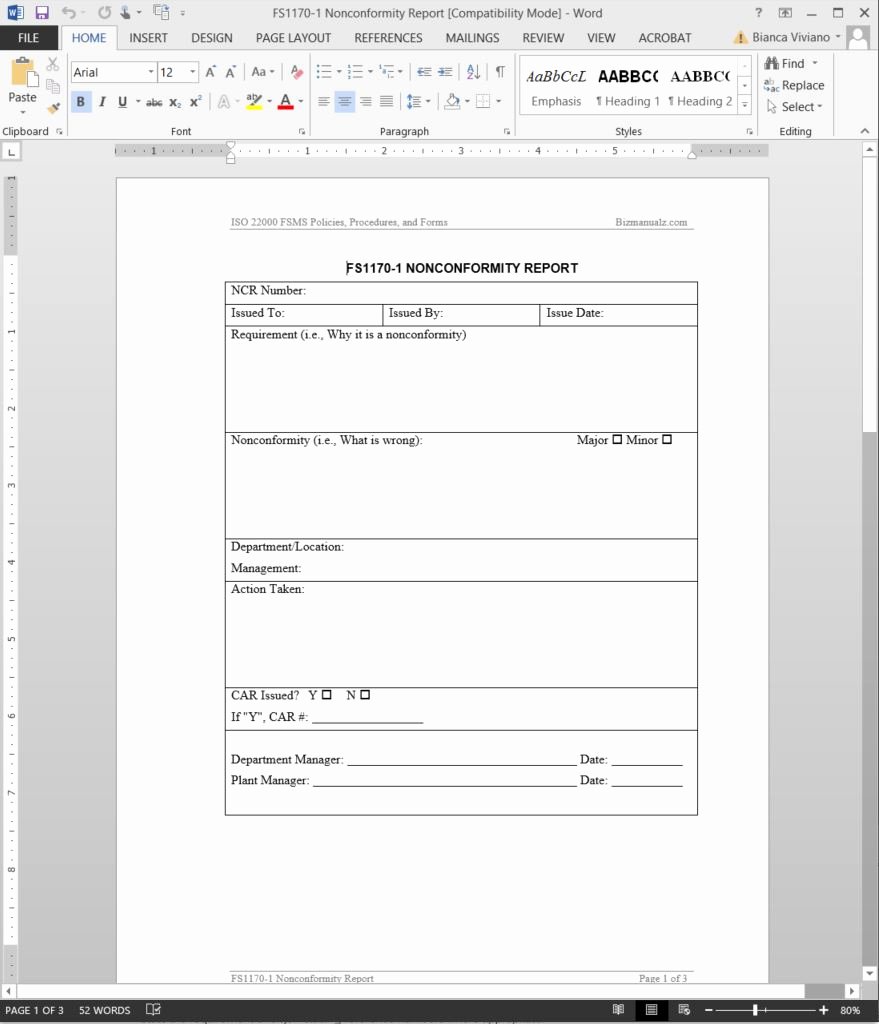 Non Conformance form Ncr Report Template the Best