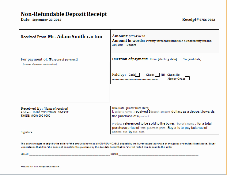 Non Refundable Deposit Receipt Template