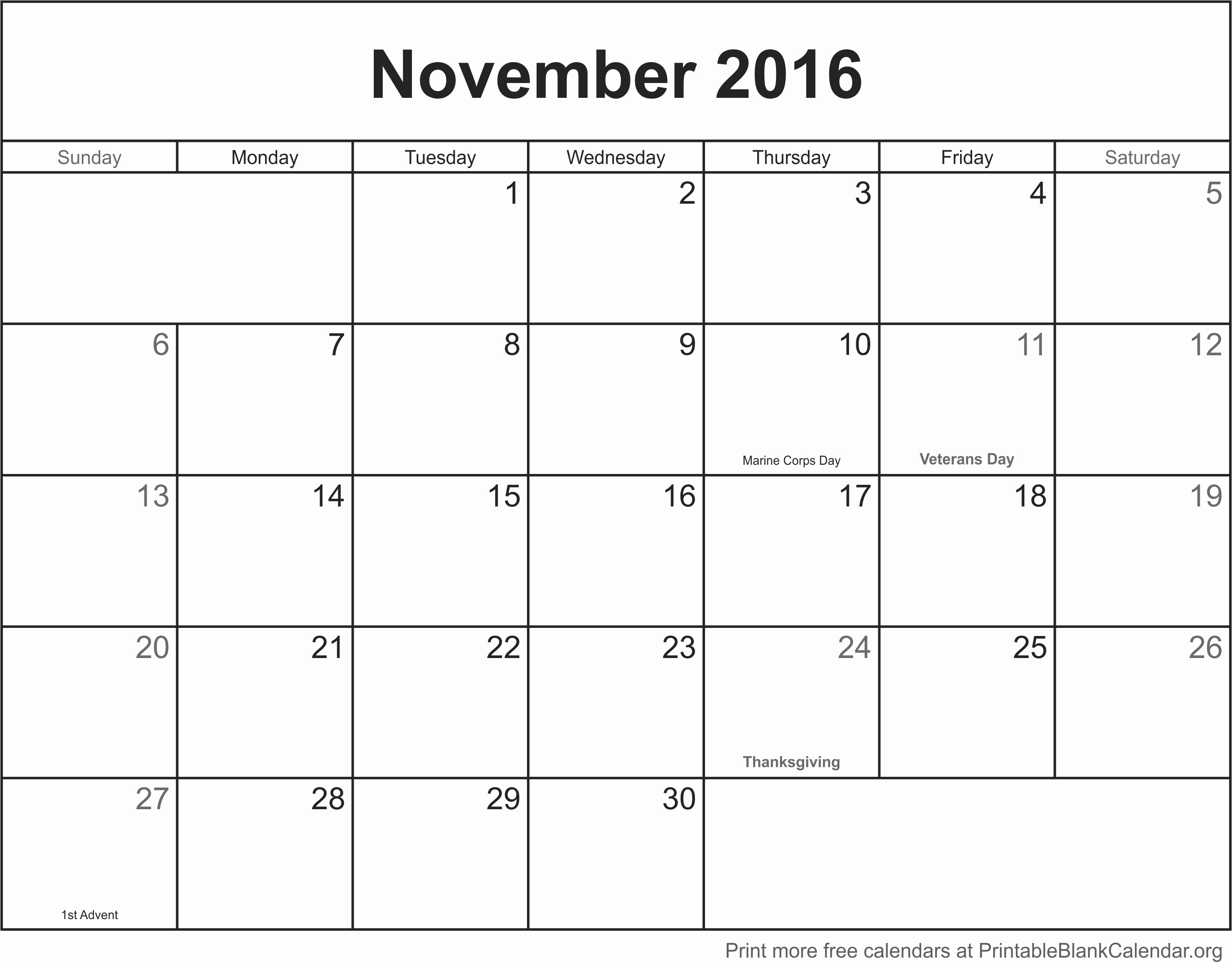 November 2016 Printable Blank Calendar Printable Blank