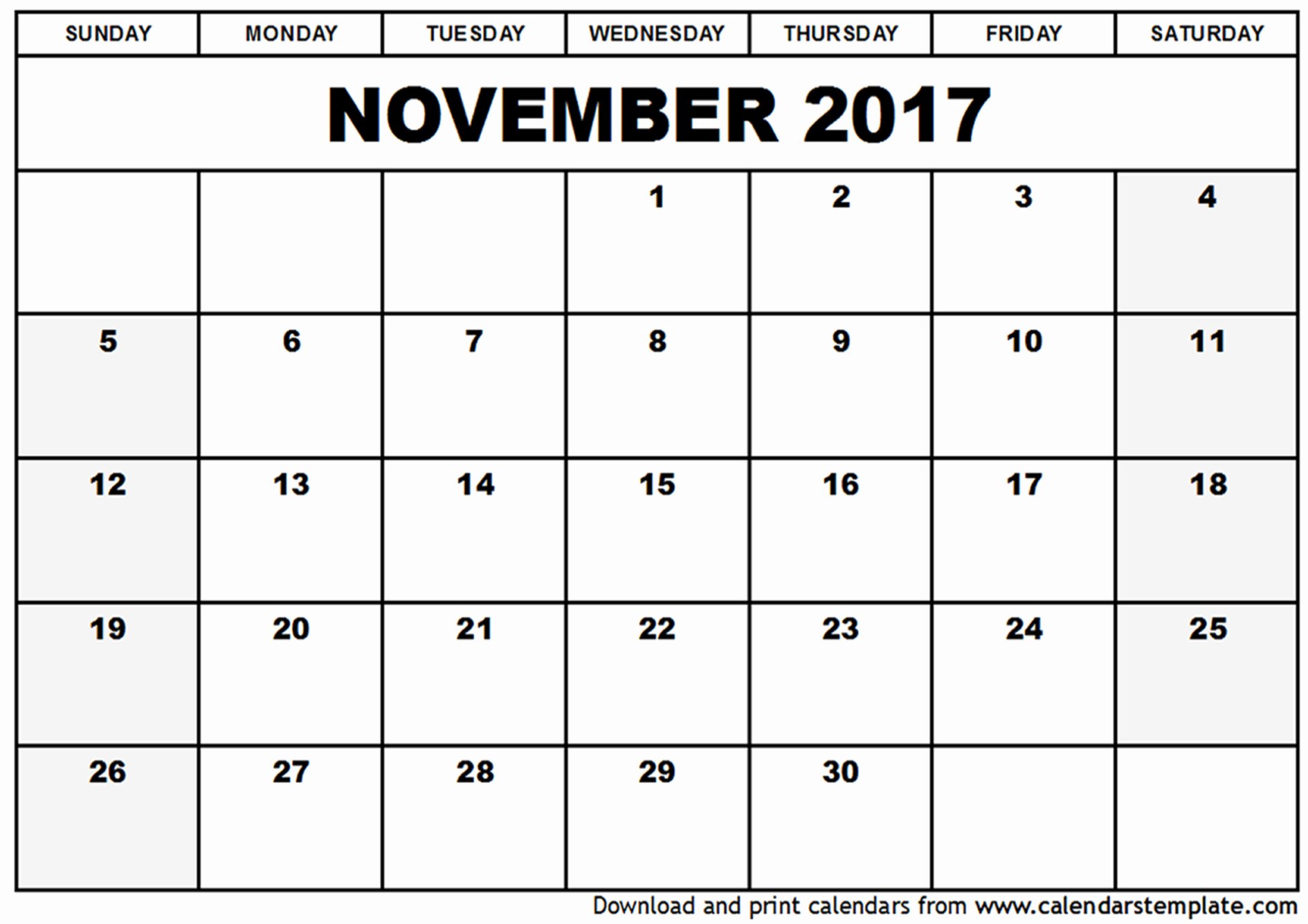November 2017 Calendar Excel