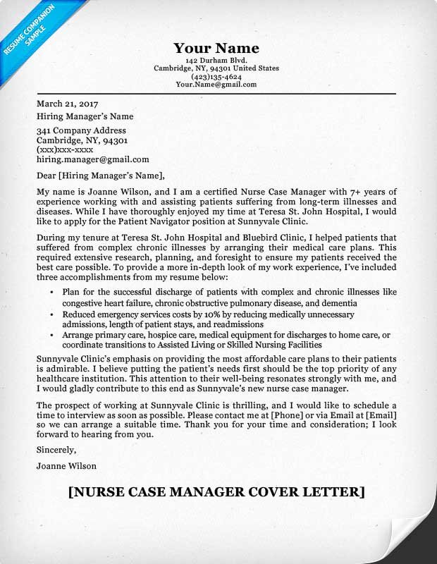 Nurse Case Manager Cover Letter Sample