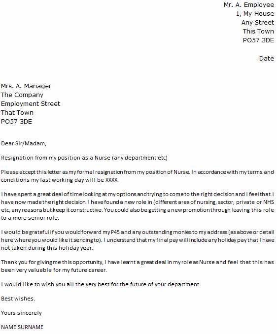 Nurse Resignation Letter Example Icover