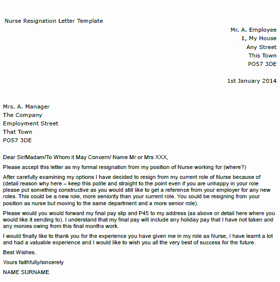Nurse Resignation Letter Example toresign