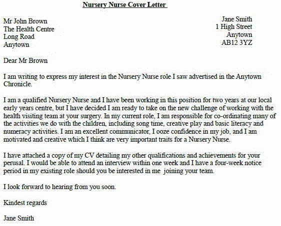 Nursery Nurse Job Application Cover Letter Example
