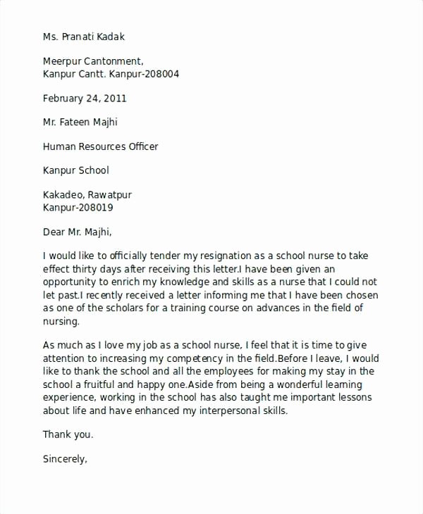 Nurses Letter Resignation Sample for Staff Nurse From