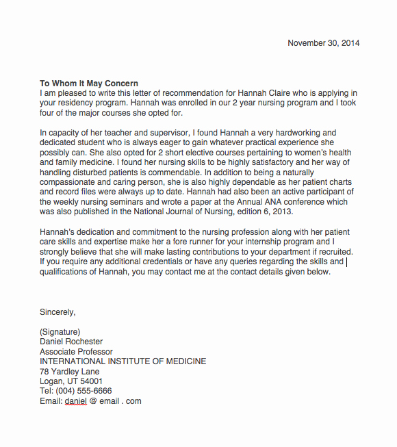 Nursing Student Letter Re Mendation