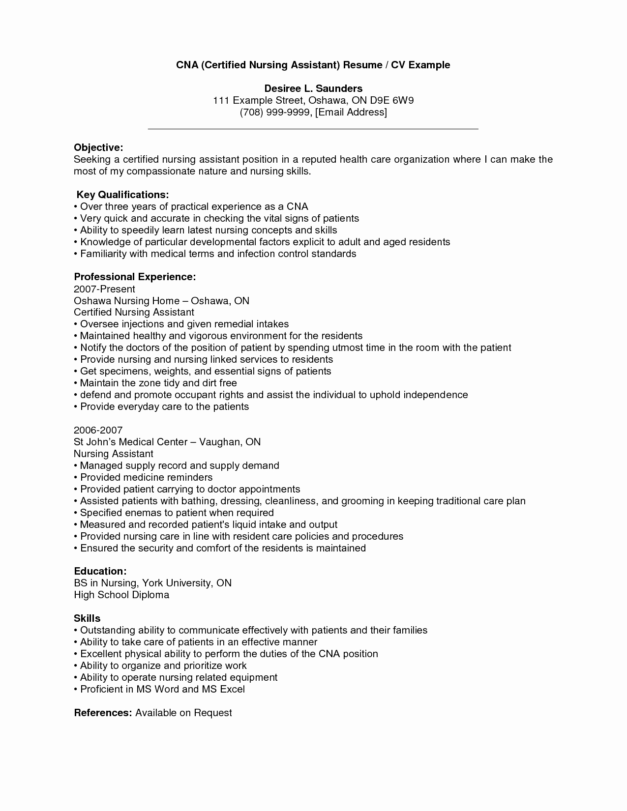 Objective Certified Nursing assistant Resume with