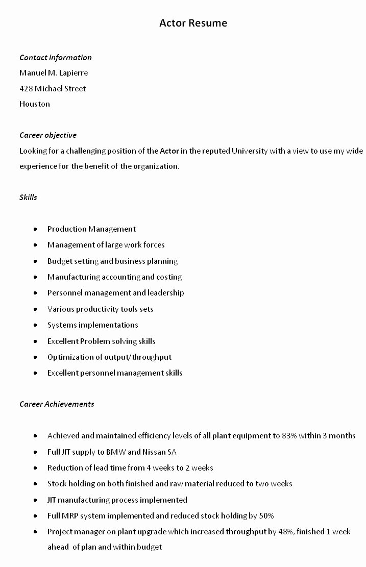 Objective for An Actress for Resume – Profesional Resume