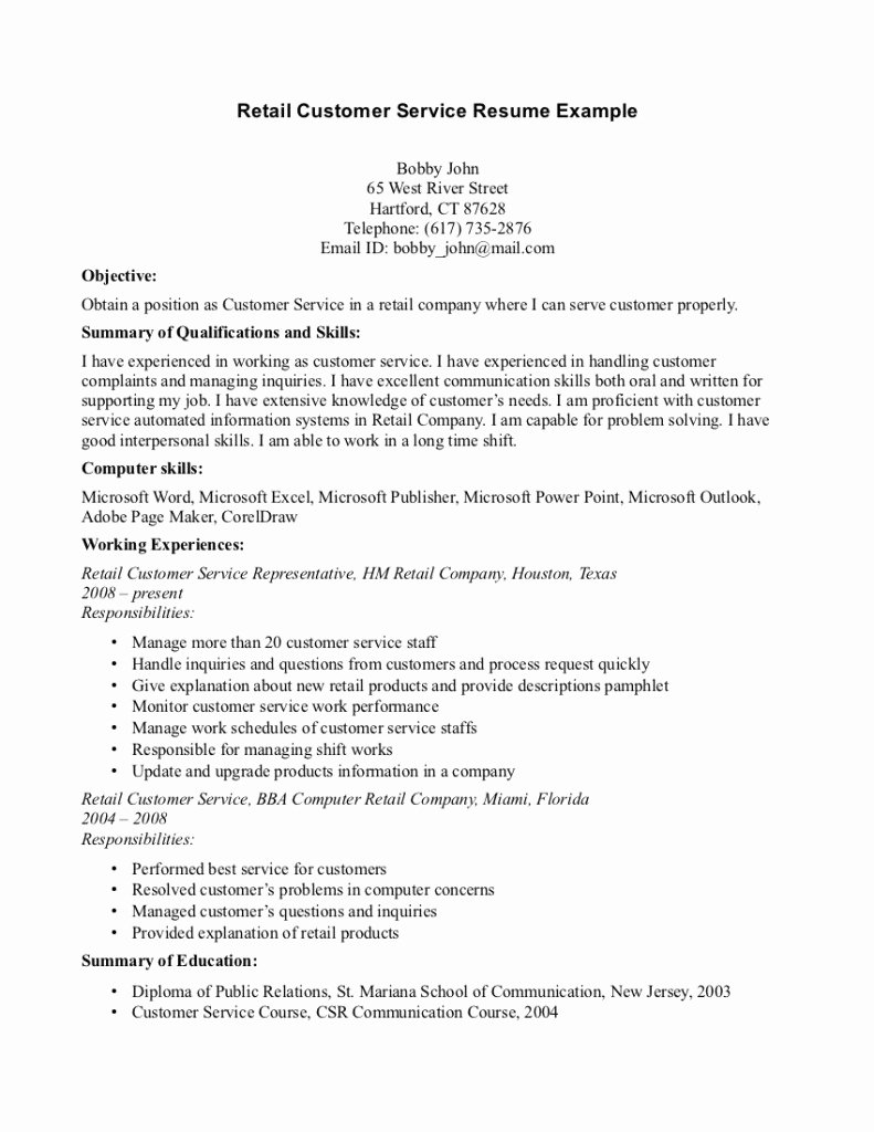 Objective for Retail Customer Service Resume with Summary