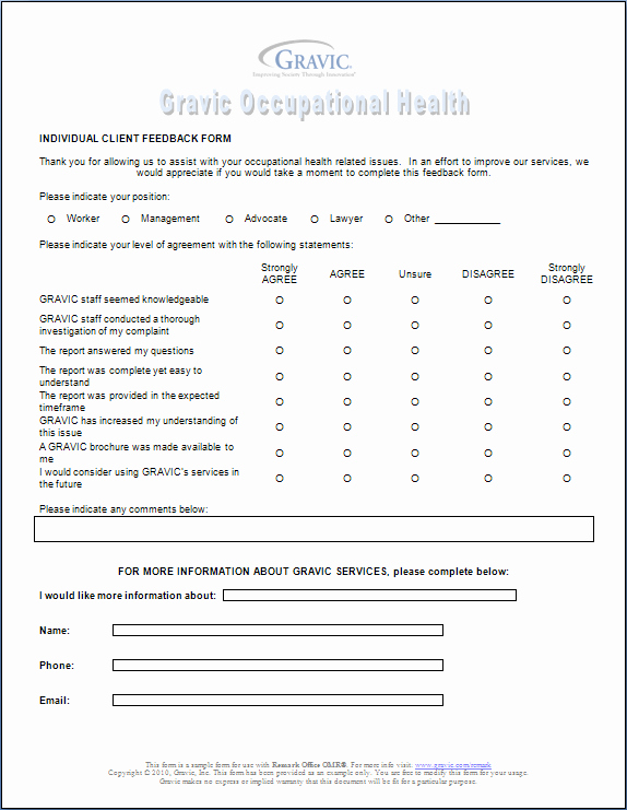 Occupational Health Client Feedback form
