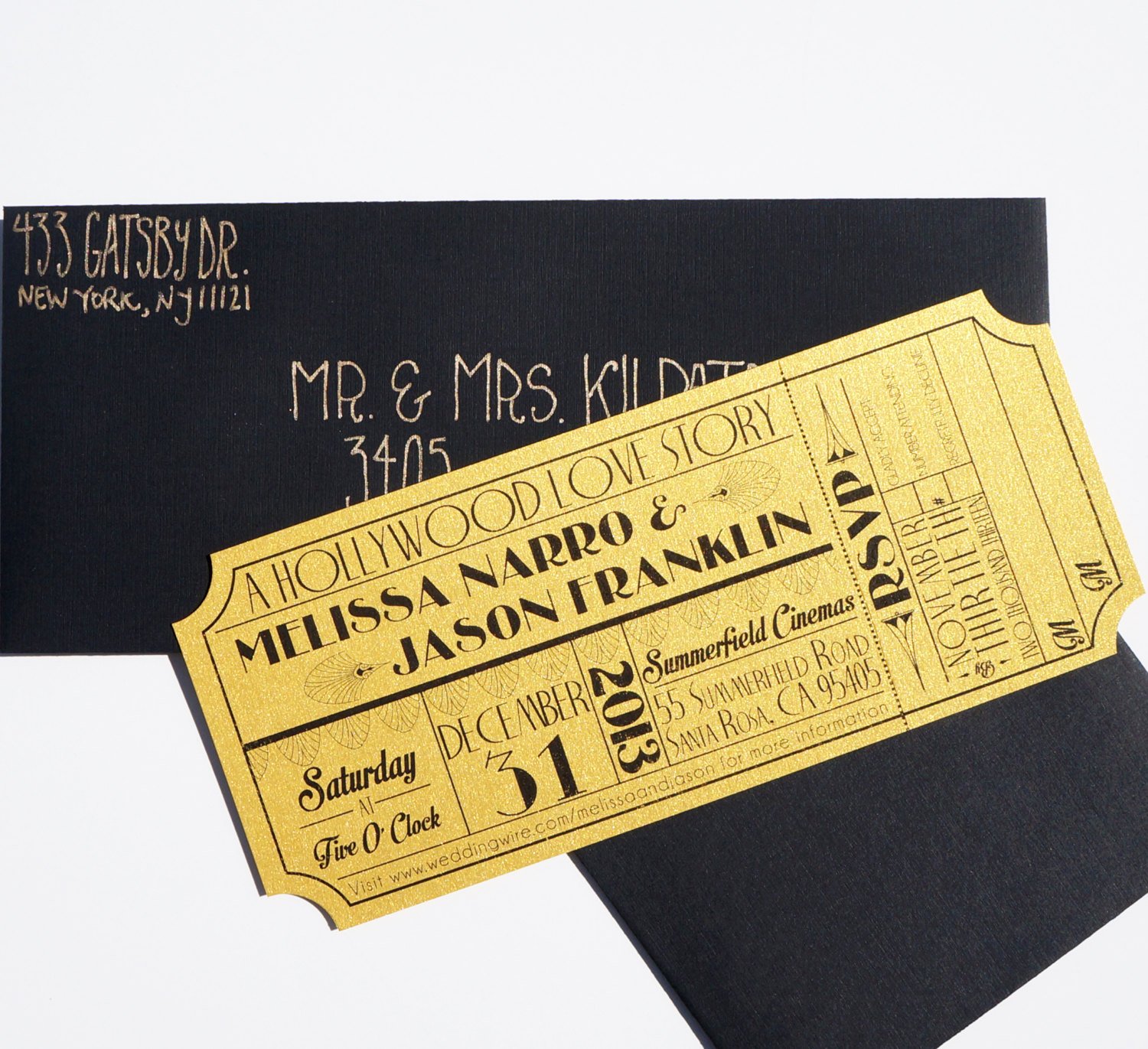 Old Hollywood Art Deco Gold Movie Ticket Invitation Sample