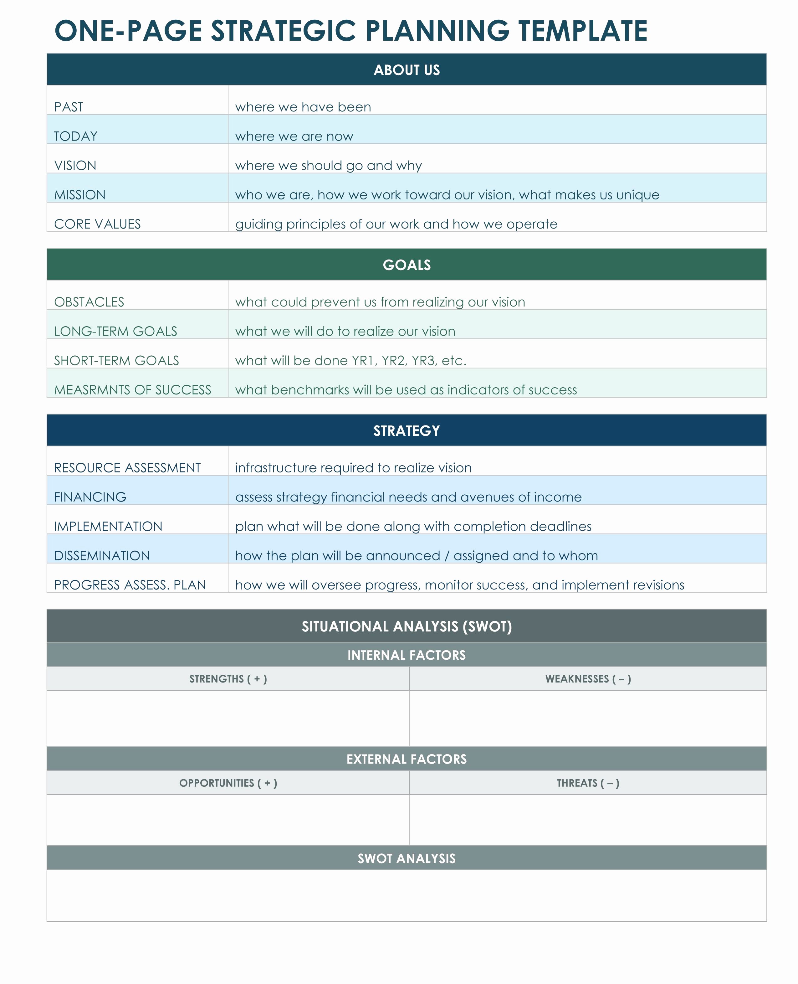 One Page Strategic Plan Excel Template