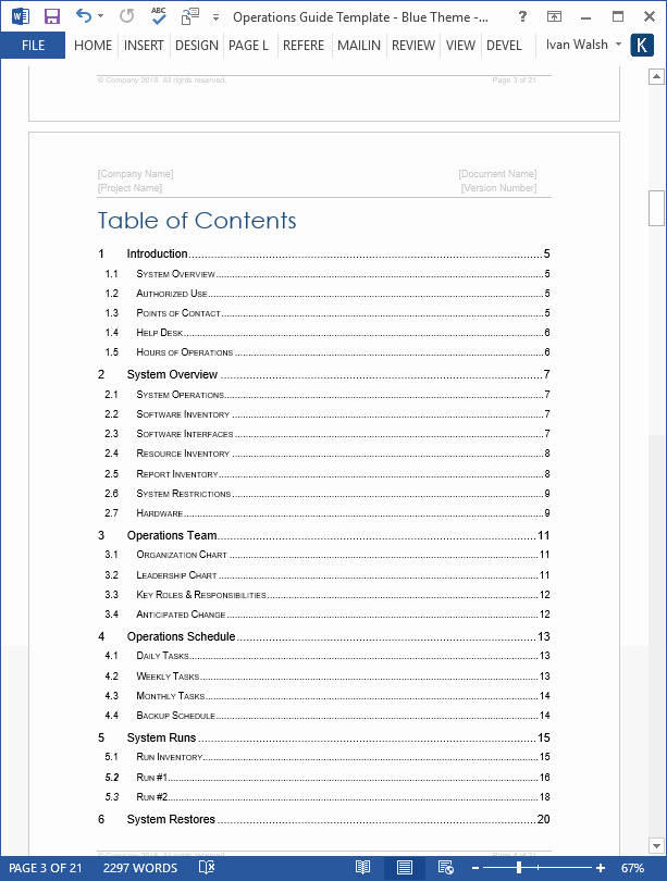 Operations Guide Template – 21 Page Ms Word 8 Excel