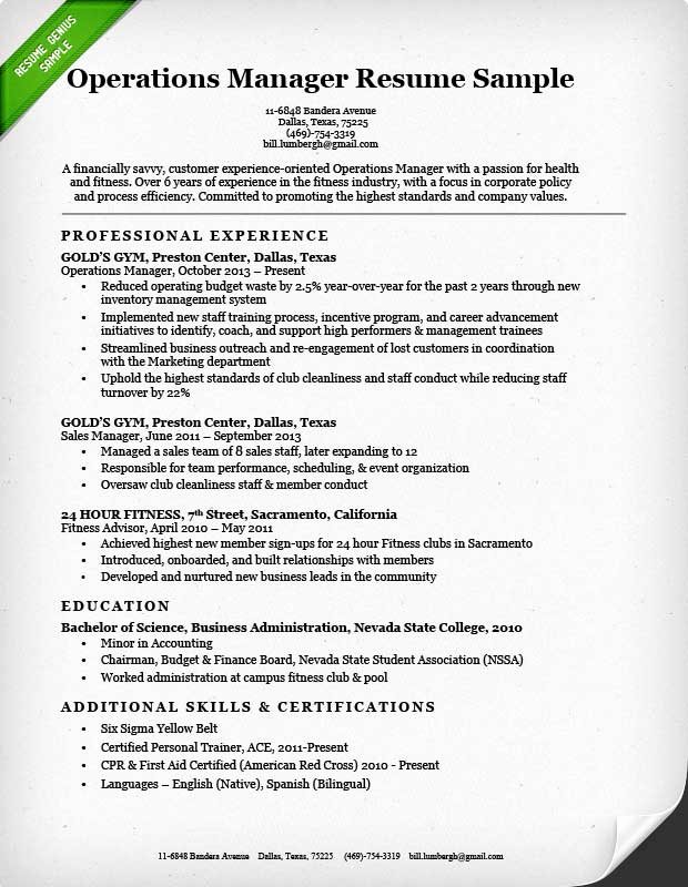 operations manager resume example
