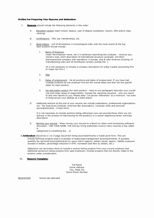 Outline for Preparing Your Resume and Addendum Printable