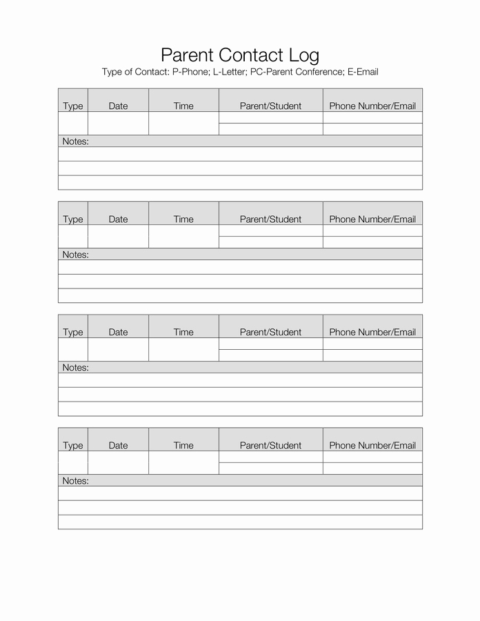 Parent Contact Log Template In Word and Pdf formats