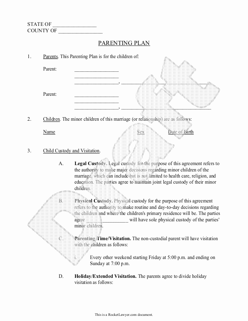 Parenting Plan Child Custody Agreement Template with