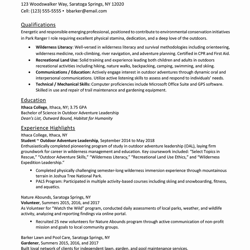 park ranger resume