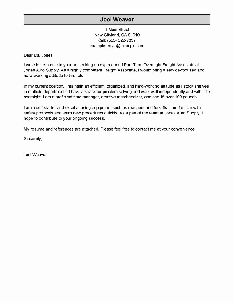 Part Time Overnight Freight associates Cover Letter Sample